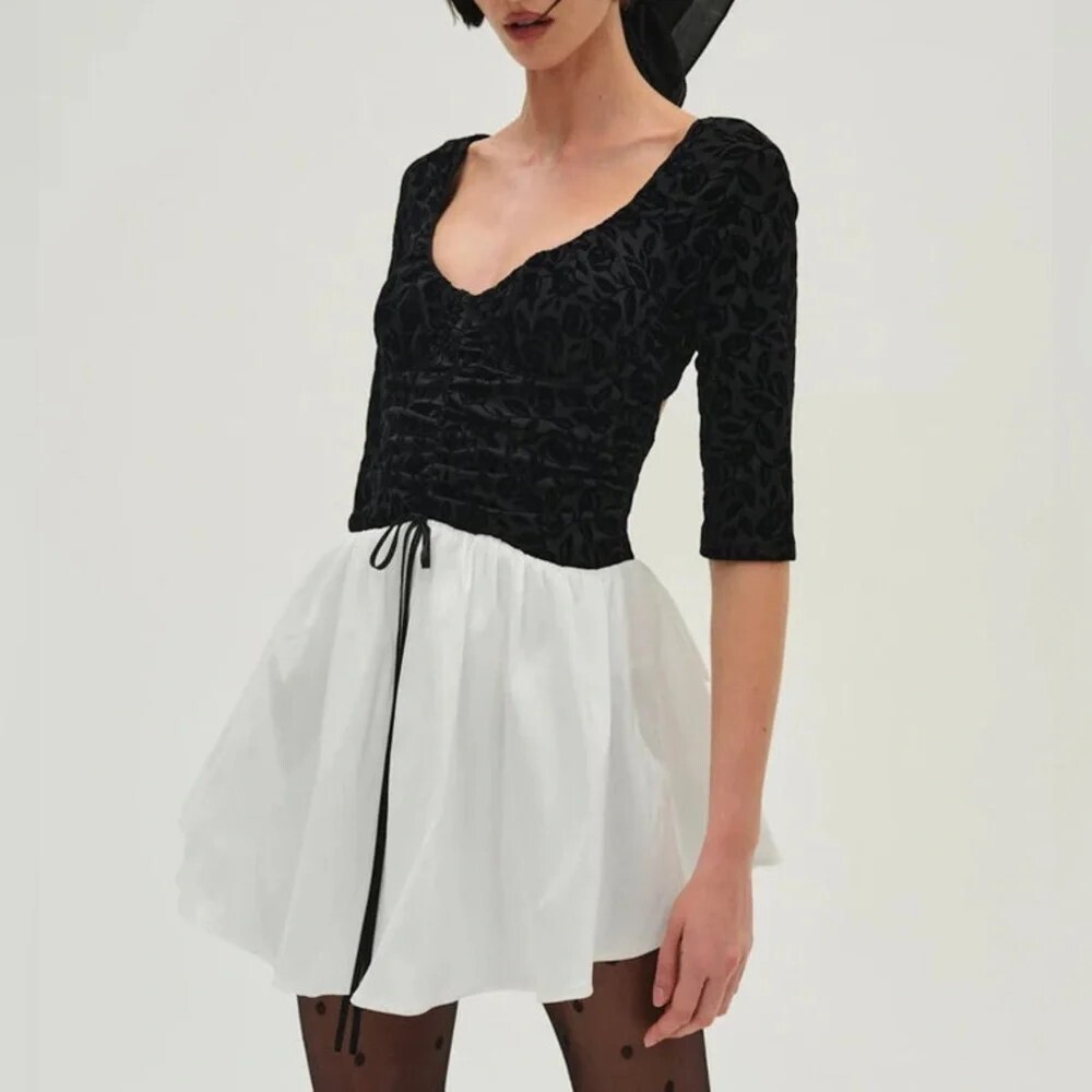 For Love and Lemons Midnight Mini Dress Size XS Ivory Black Velvet Bodice